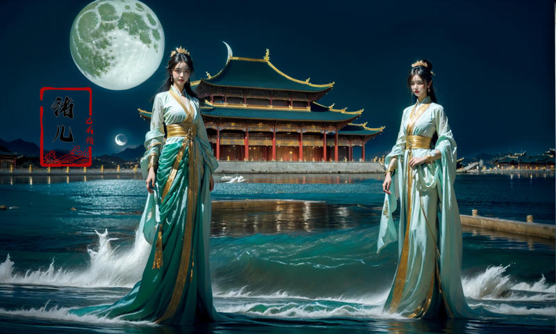 606247209521969377-2571931443-Dark and majestic Chinese palace background at night, waves and swirls of emerald color, a beautiful girl standing in the palace.jpg